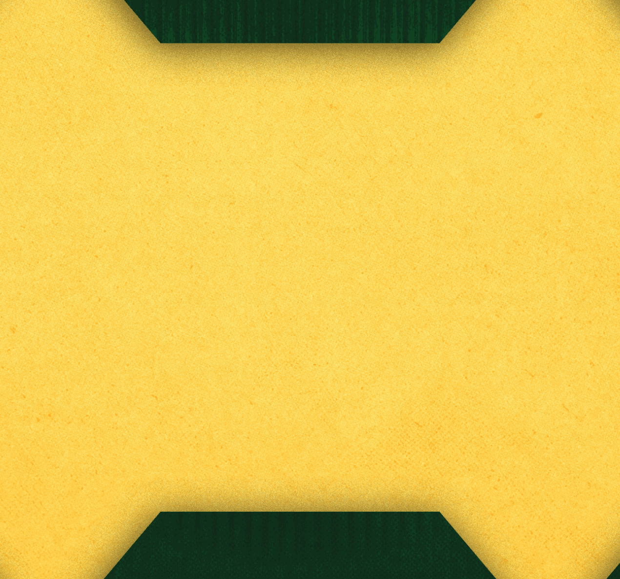 A yellow textured square background with dark green trapezoid shapes centered on the top and bottom edges. Description generated by AI