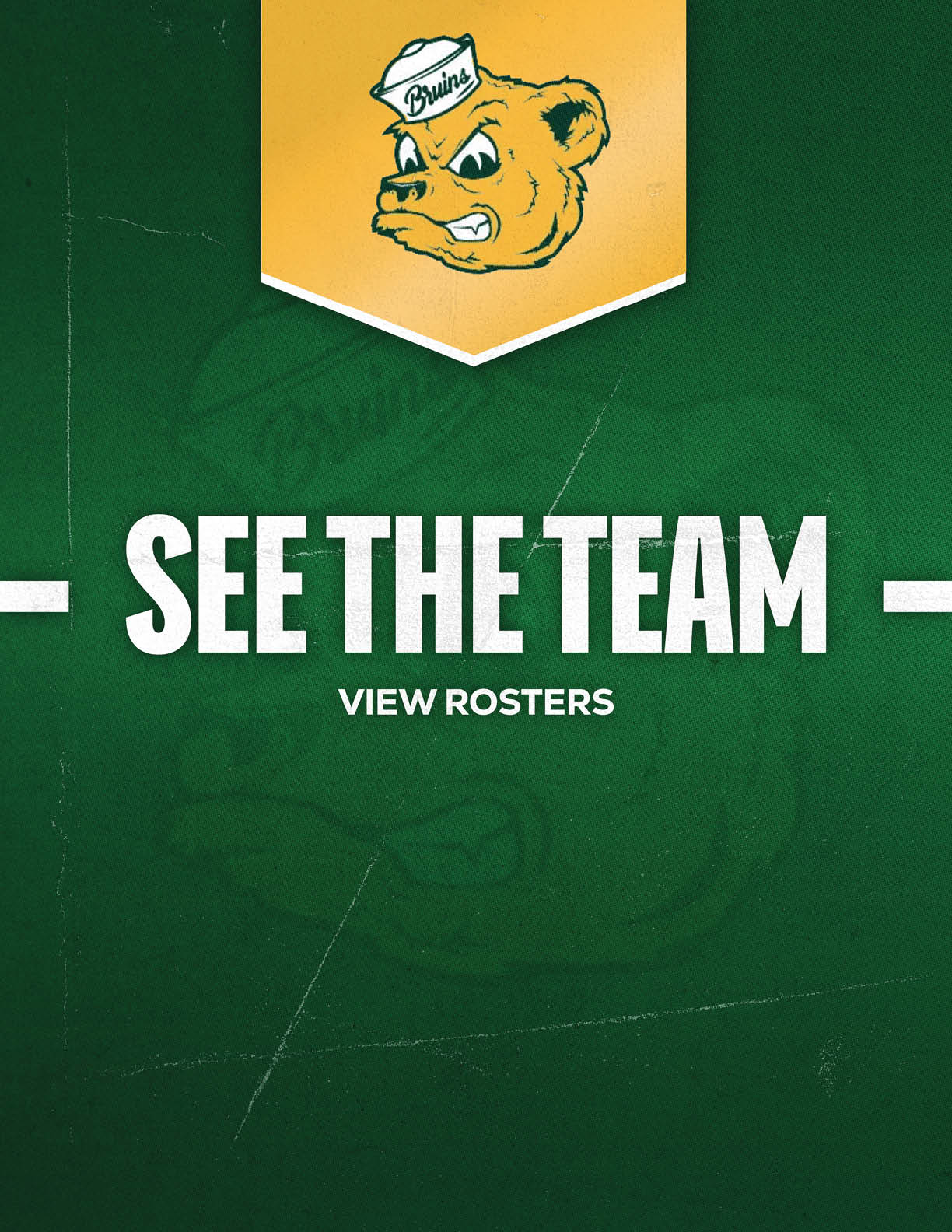 A green background with a yellow banner featuring an angry bear wearing a hat labeled “Bruins" above bold white text that says "SEE THE TEAM" and smaller text below that says "VIEW ROSTERS." Description generated by AI