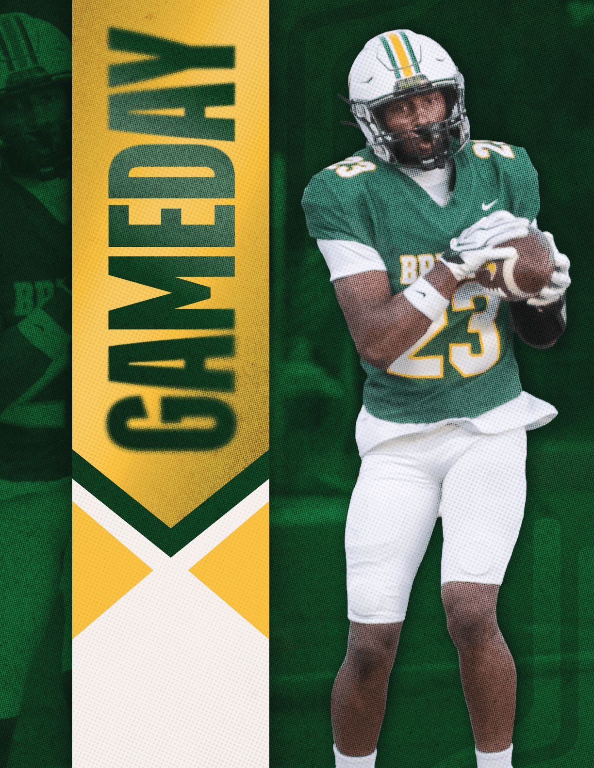 A person in a green and white football uniform with the number 23 is catching a football next to a vertical banner that says GAMEDAY. Description generated by AI