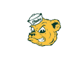 A stylized angry bear head wearing a white sailor hat with the word “Bruins" written on it. Description generated by AI