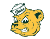 A stylized angry bear head wearing a white sailor hat with the word “Bruins" written on it. Description generated by AI