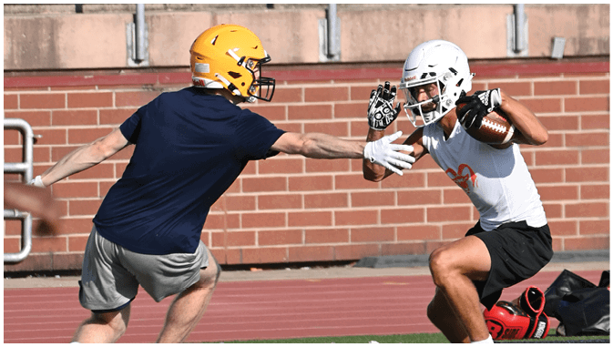 A group of football players on a field. Description generated by AI