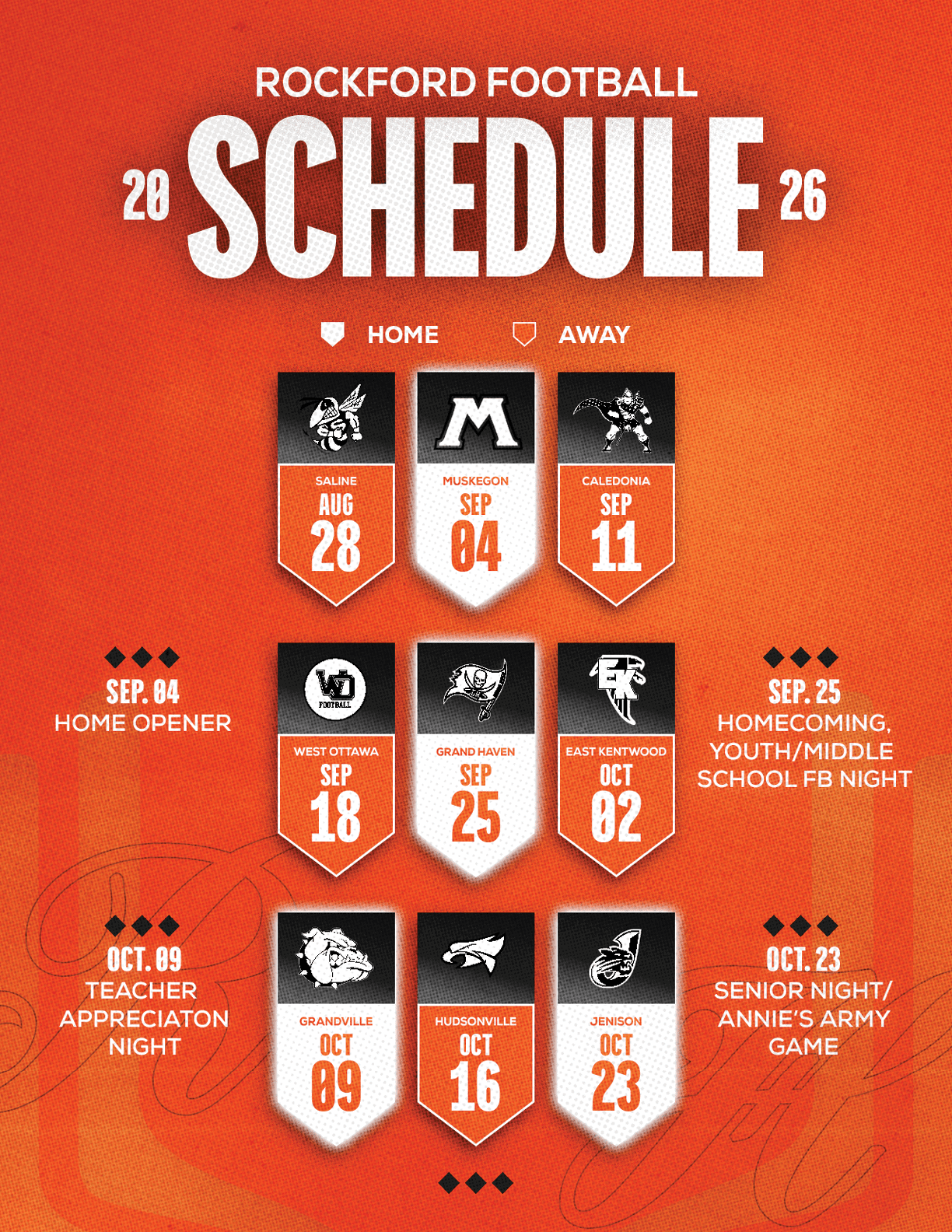 A red and white schedule for Sun Prairie East Football. Description generated by AI