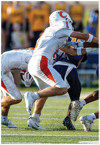 A group of football players celebrating a touchdown. Description generated by AI