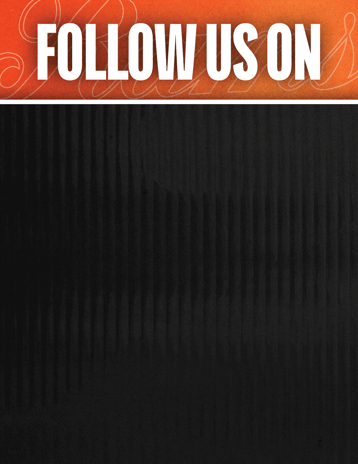 A black and red sign that says Follow Us On. Description generated by AI