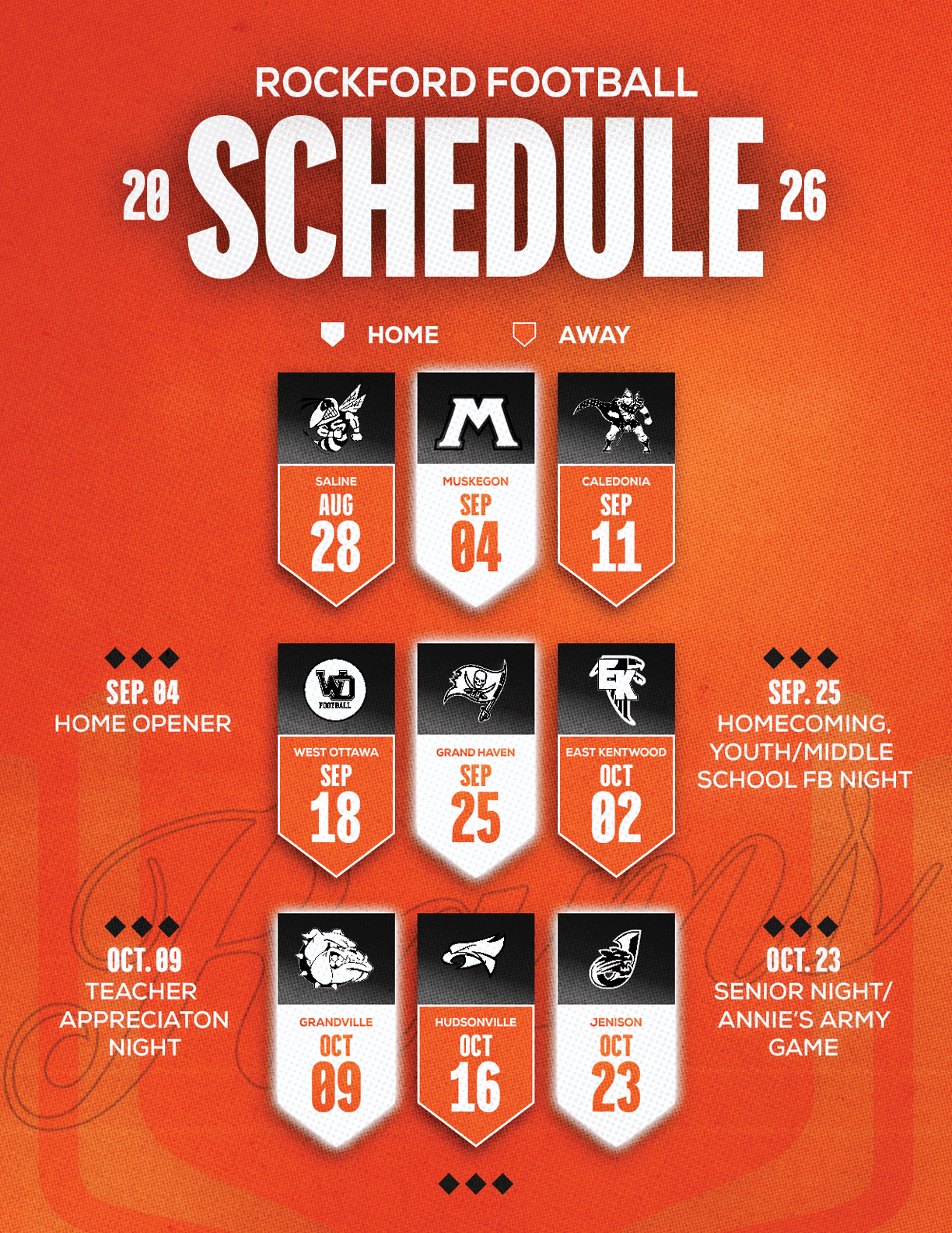 A red and white schedule for Sun Prairie East Football. Description generated by AI