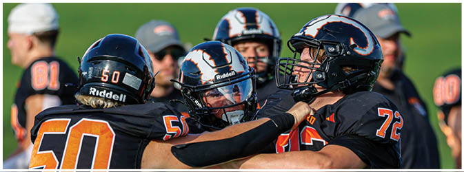 A football game is taking place on a field with players wearing blue and white uniforms. Description generated by AI