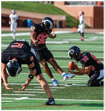 A group of football players celebrating a touchdown. Description generated by AI