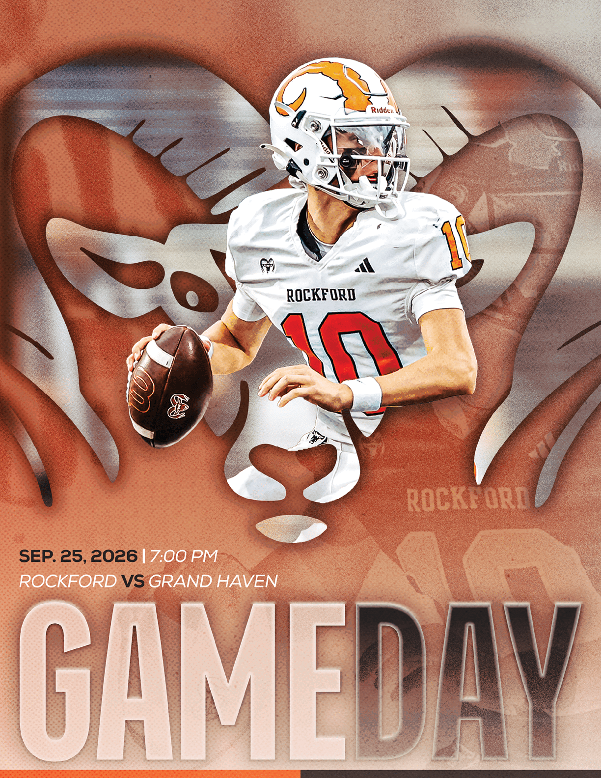 A person wearing a football helmet and uniform is centered with a blurred background and text reading Sun Prairie East vs Blue Shakers Cardinals and the year 2026. Description generated by AI