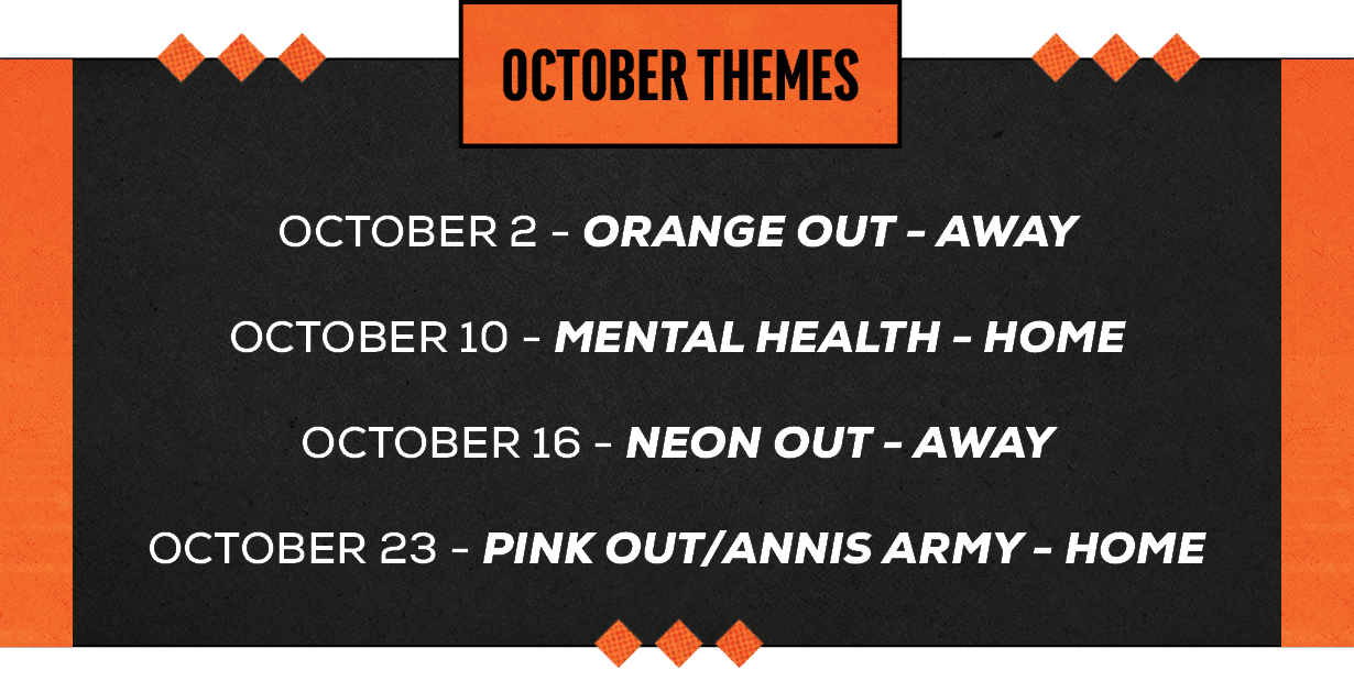OCTOBER THEMES,october 2 Orange OUt away october 10 mental health home october 16 neon out away october 23 pink out/a...