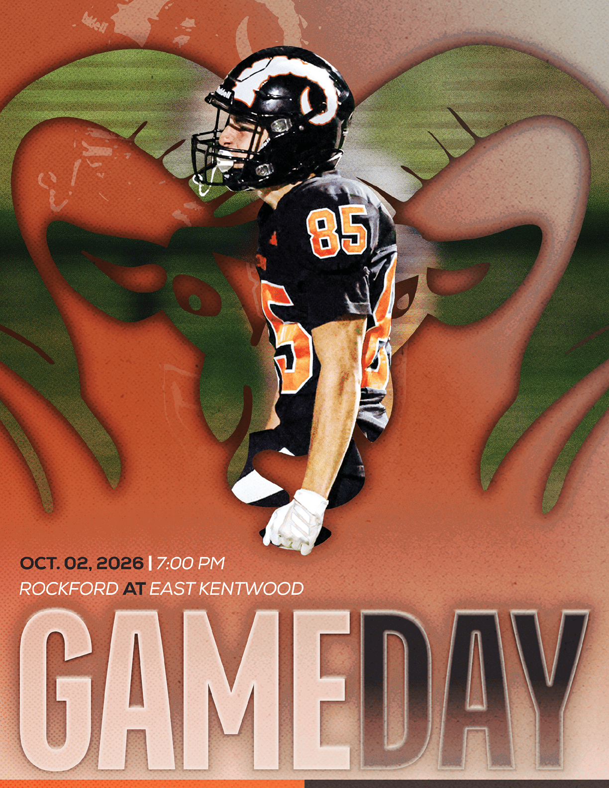 A person wearing a football helmet and uniform is centered with a blurred background and text reading Sun Prairie East vs Blue Shakers Cardinals and the year 2026. Description generated by AI