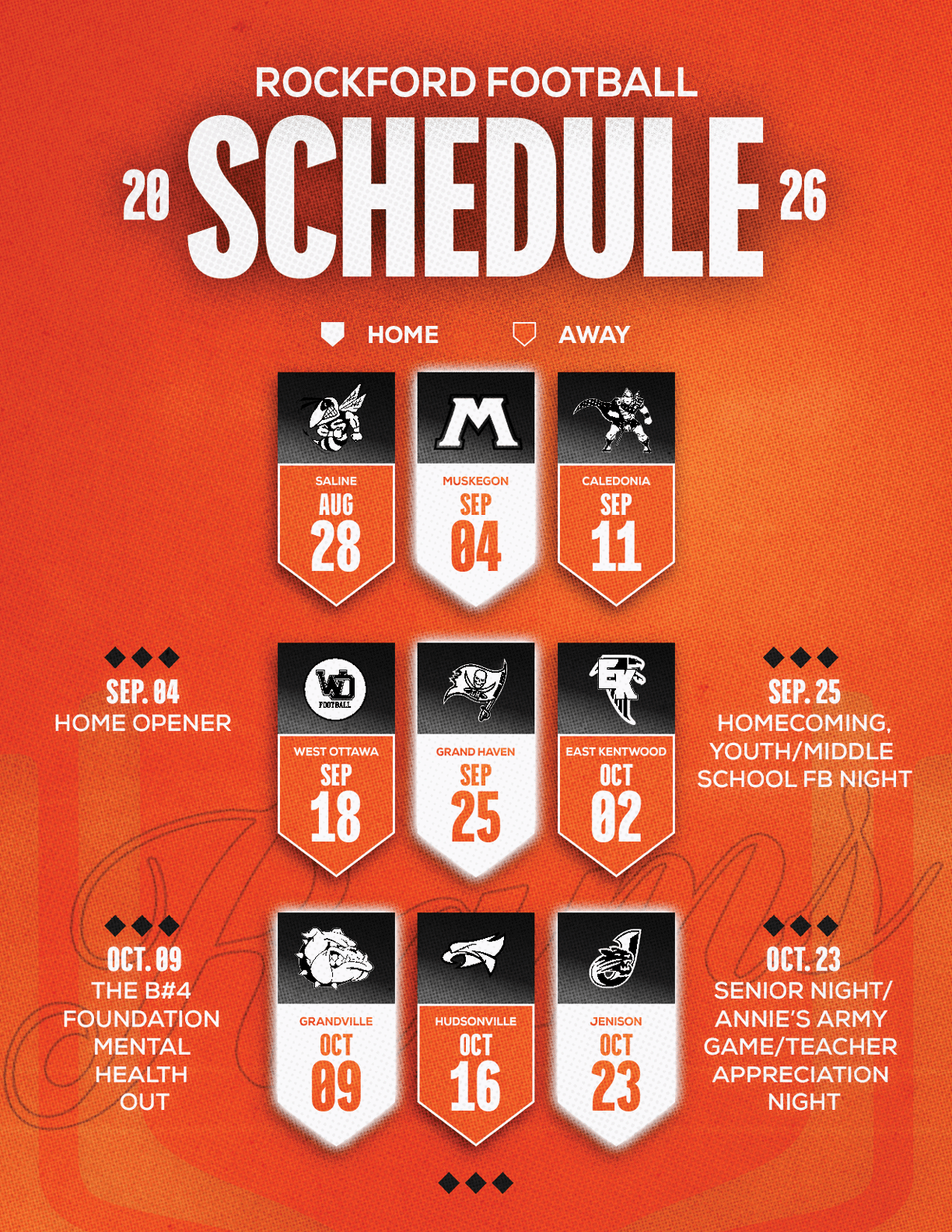 A red and white schedule for Sun Prairie East Football. Description generated by AI