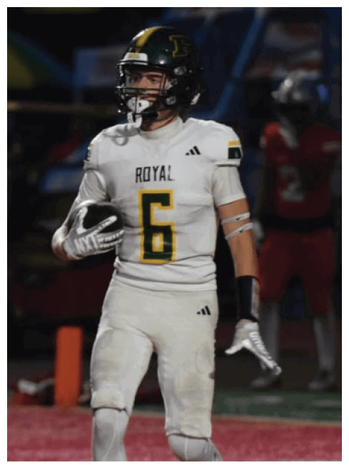 Two football players wearing black jerseys and holding hands. Description generated by AI