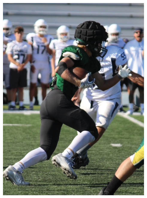 Two football players wearing black jerseys and holding hands. Description generated by AI