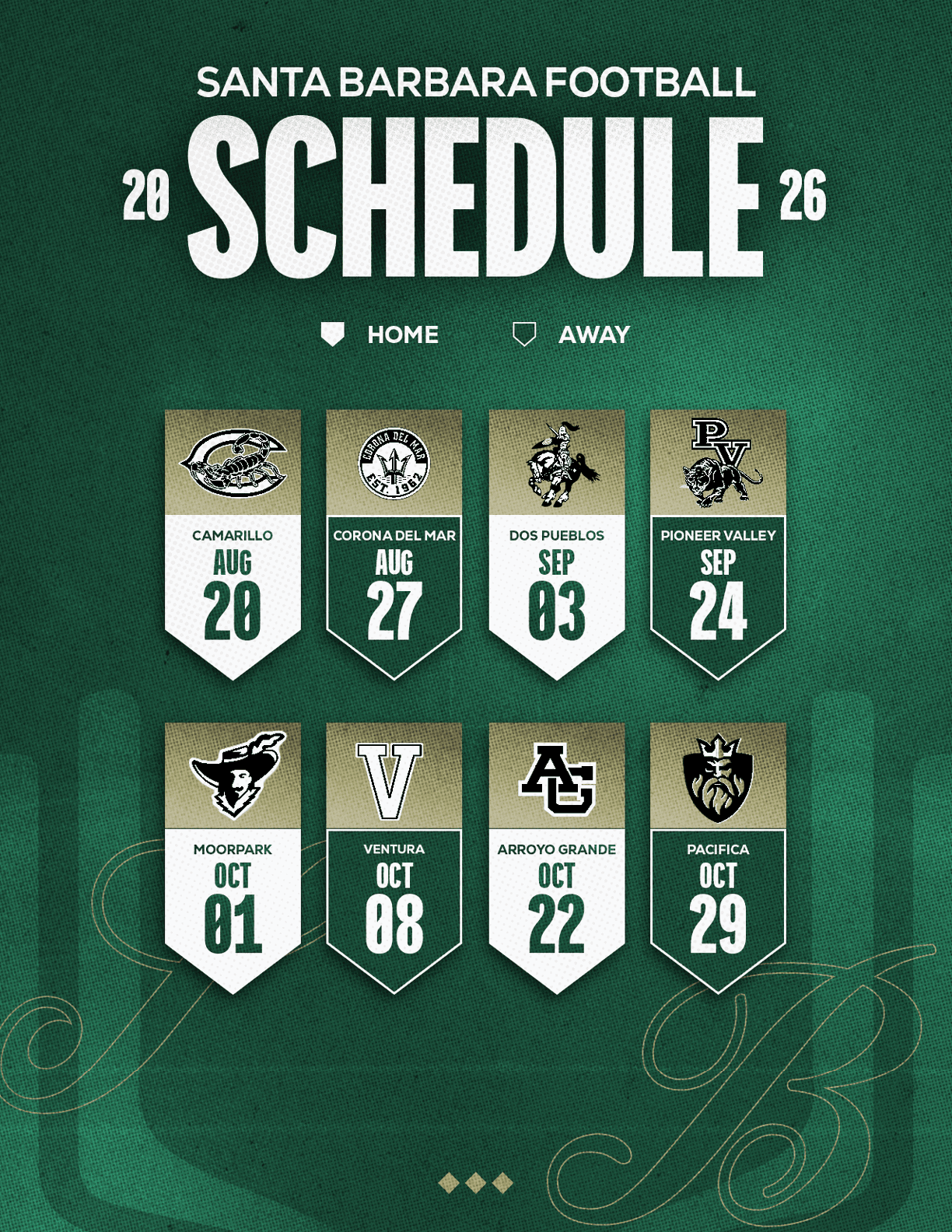 Santa Barbara Football 2026 schedule displayed on a green textured background with team logos and dates for home and away games from August to October. Description generated by AI
