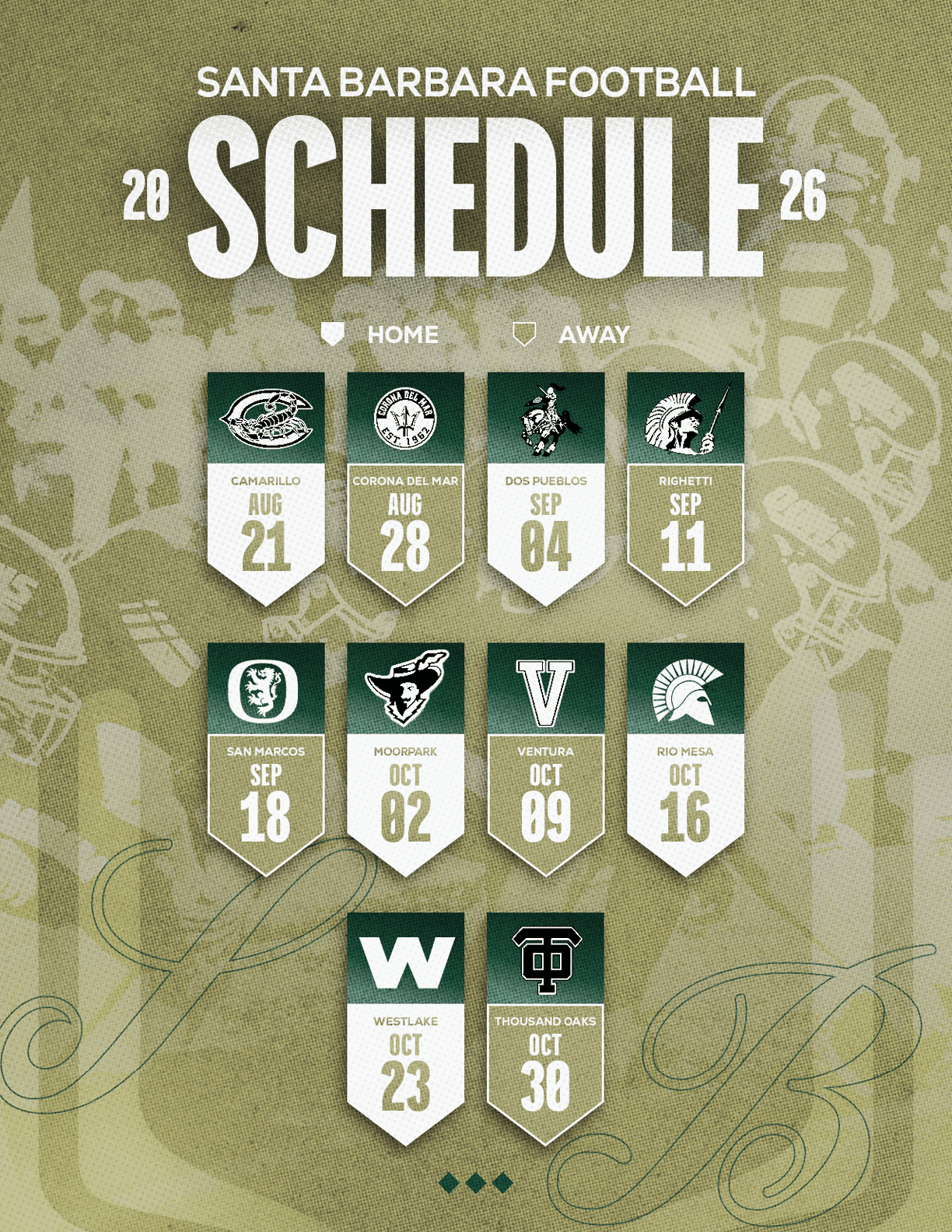 Santa Barbara Football 2026 schedule displayed with team logos and dates for home and away games on a textured green background. Description generated by AI