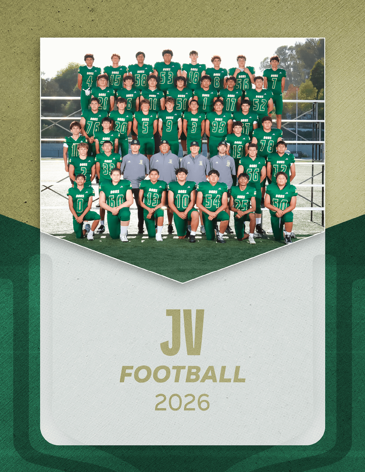 A group of people wearing green football uniforms and a few in gray shirts pose together on bleachers outdoors with the text JV Football 2026 below them. Description generated by AI