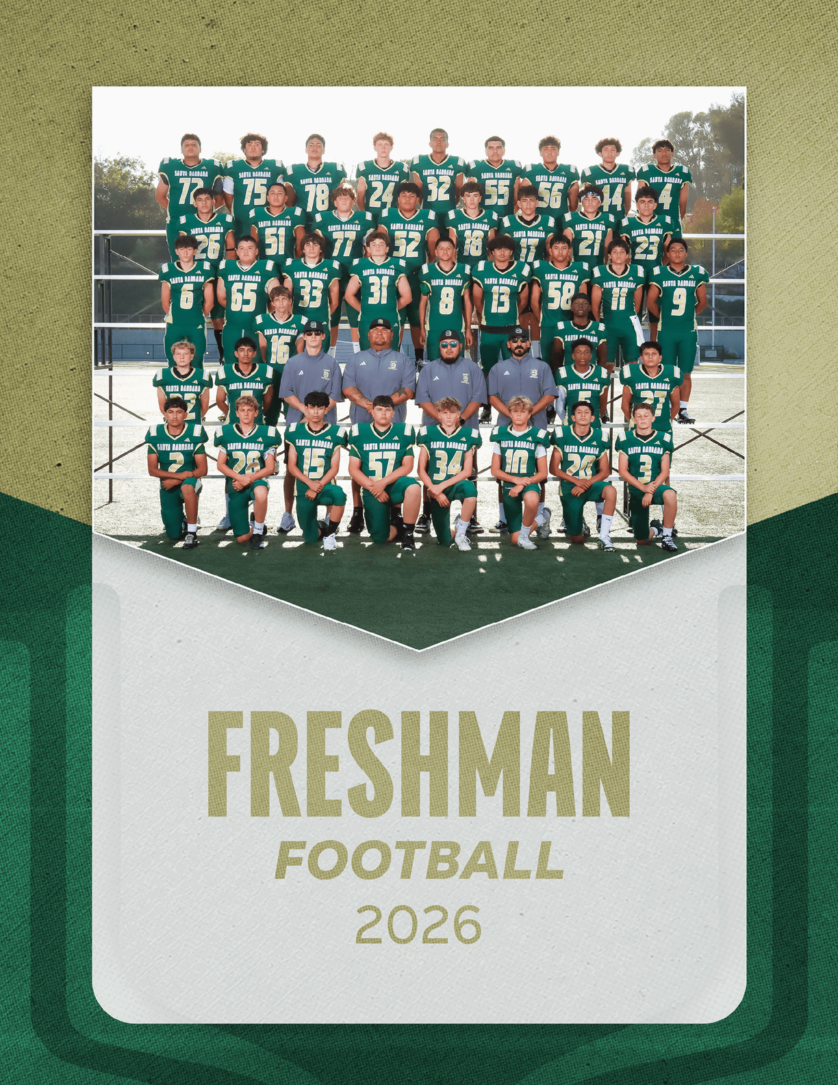 A group of people wearing green football uniforms and coaches in gray shirts pose for a team photo on bleachers with the text Freshman Football 2026 below. Description generated by AI