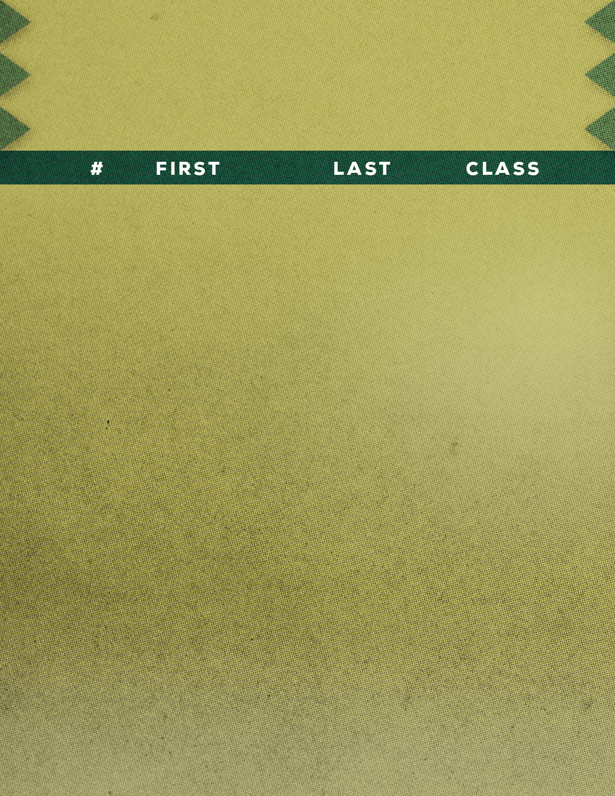 A green and yellow textured background with a dark green horizontal strip containing the words number, first, last, and class in white uppercase letters. Description generated by AI