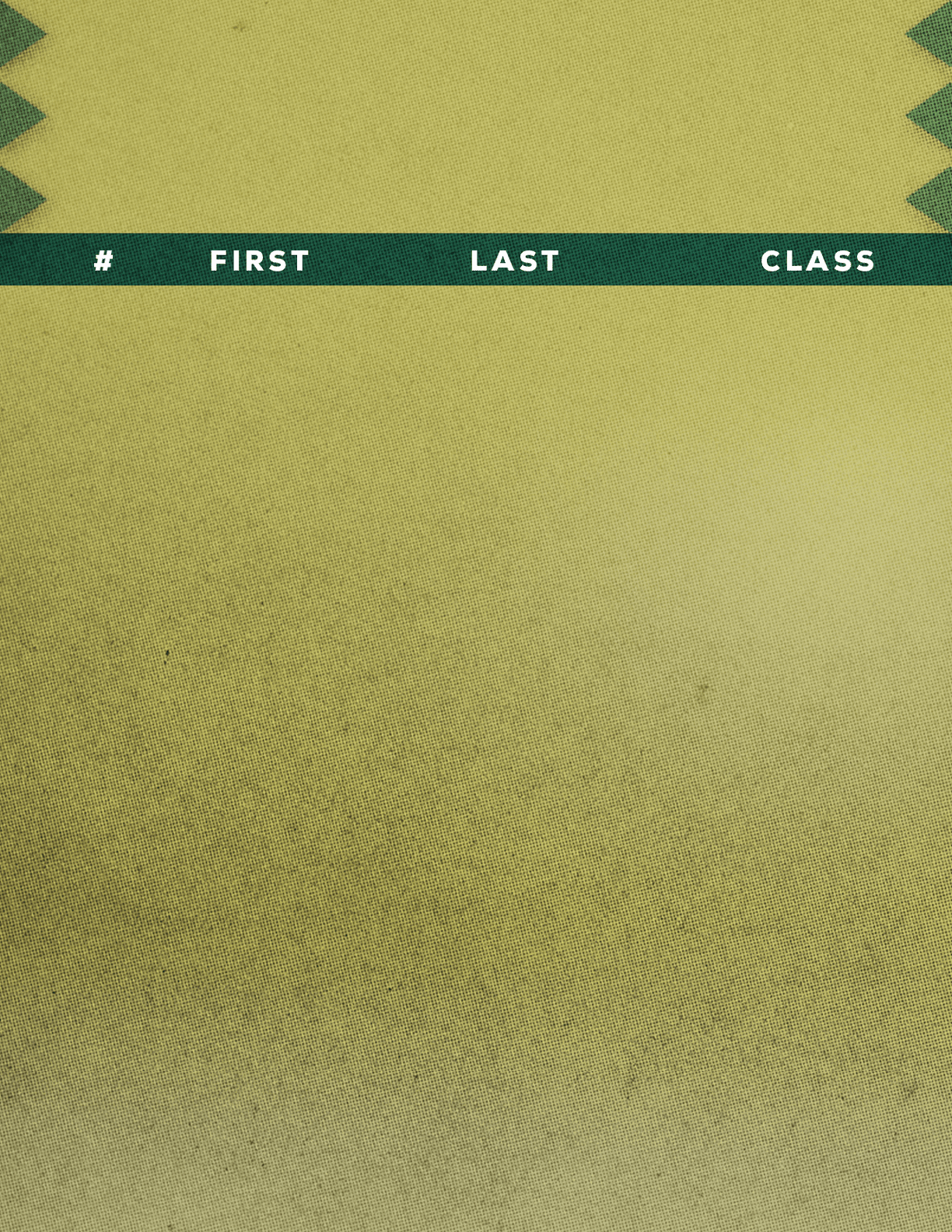 A green horizontal bar with white text reading “NO FIRST LAST CLASS" is displayed on a textured yellow-green background with a zigzag pattern at the top edges. Description generated by AI