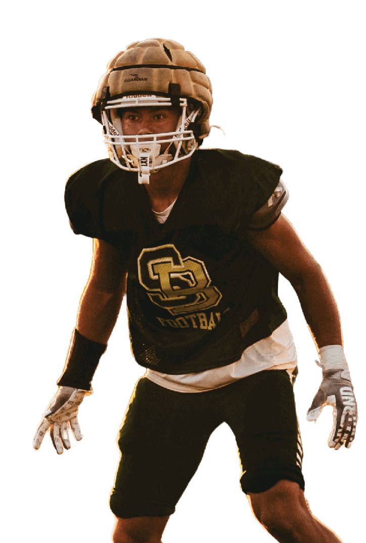 A person wearing a football uniform and helmet is standing on a field in a ready position during a game. Description generated by AI