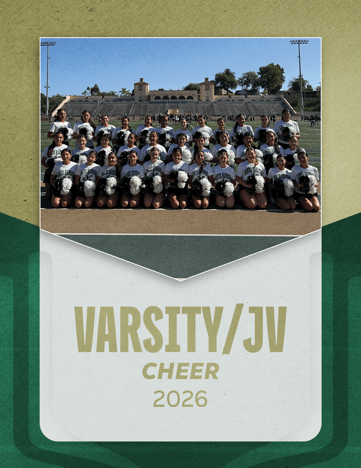 A large group of people in matching cheerleading uniforms pose together on a sports field with bleachers and a building in the background, above text that reads Varsity/JV Cheer 2026. Description generated by AI