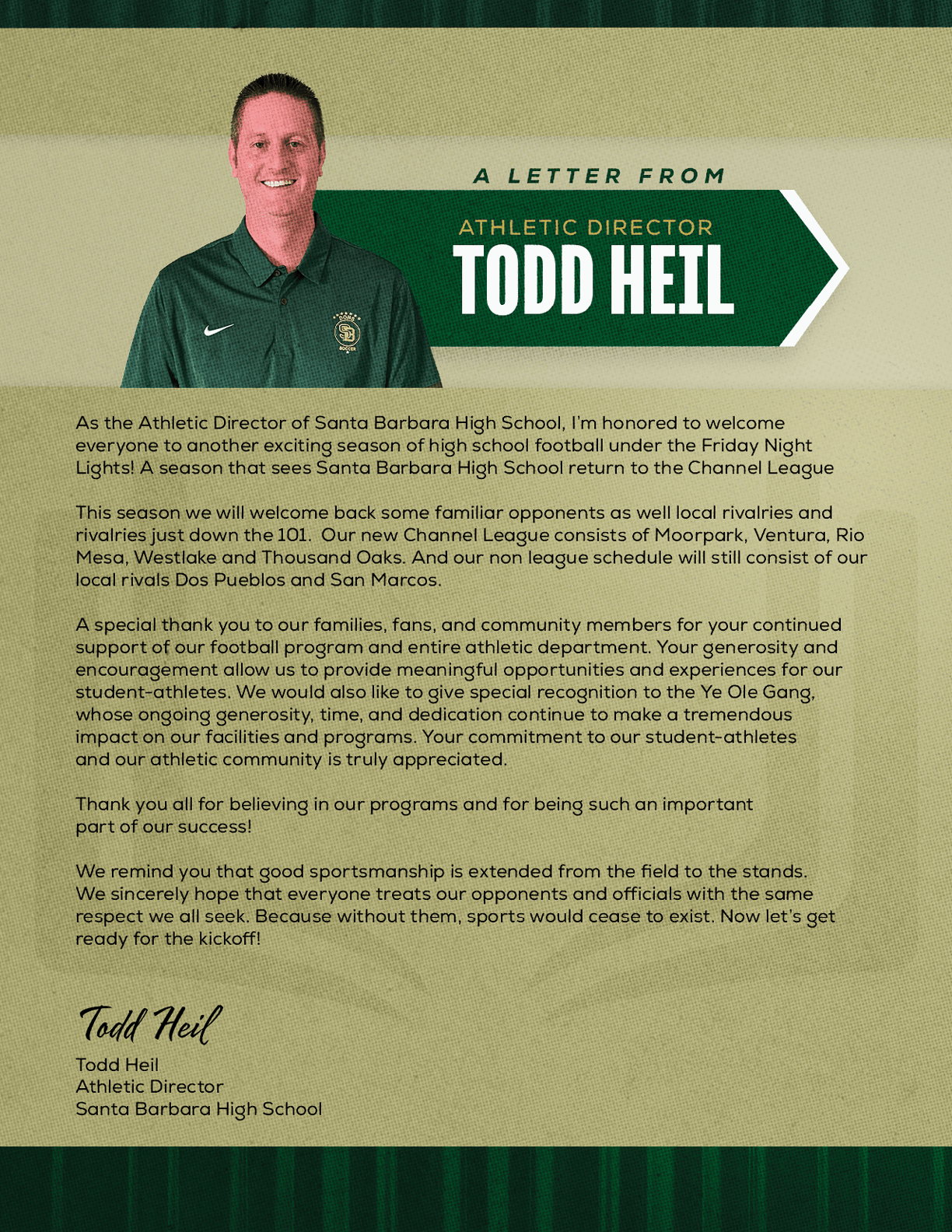 An adult wearing a green polo shirt with a logo stands smiling next to a letter from the athletic director Todd Heil welcoming students and families to the school year at Santa Barbara High School. Description generated by AI
