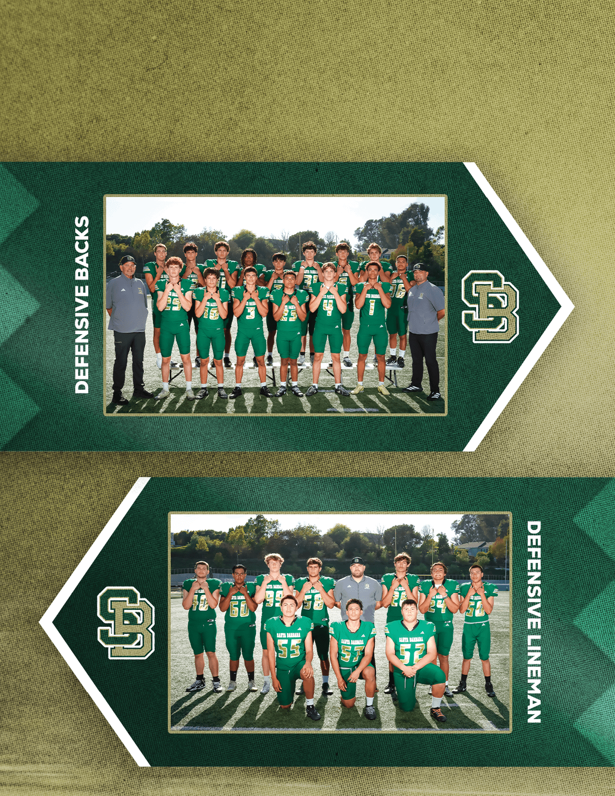 Two group photos of people in green sports uniforms standing on a field with text labels identifying them as defensive backs and defensive linemen. Description generated by AI