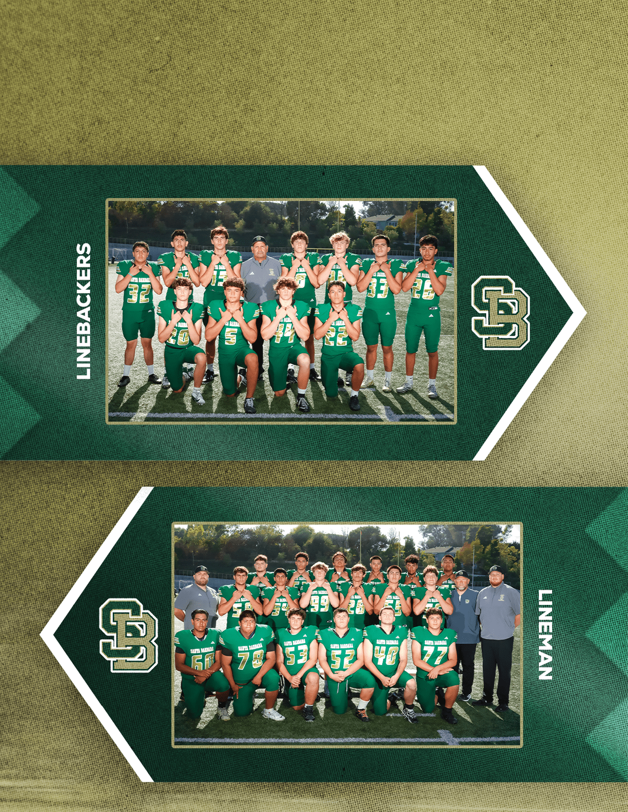 Two team photos of football players in green uniforms with coaches standing on a field, labeled linebackers and lineman on a green and gold background. Description generated by AI