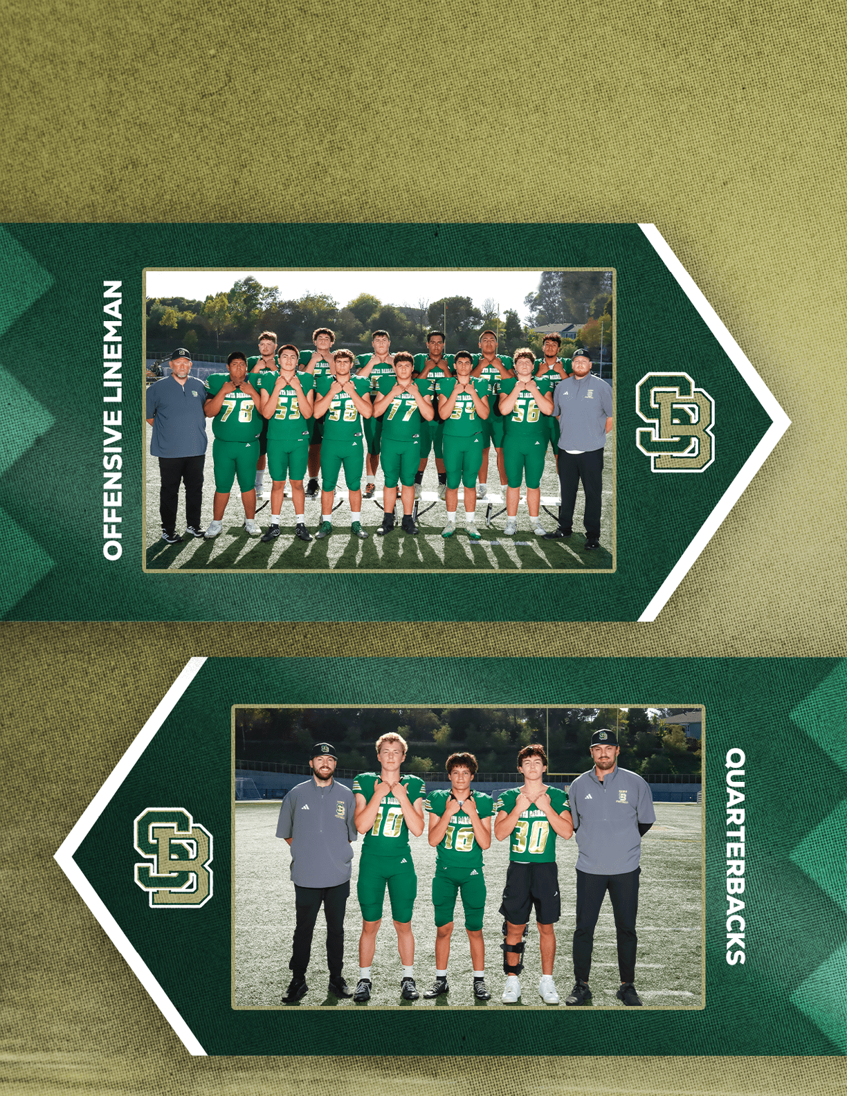A group of people in green sports uniforms and two people in gray shirts stand on a football field in two separate team photos labeled offensive lineman and quarterbacks. Description generated by AI