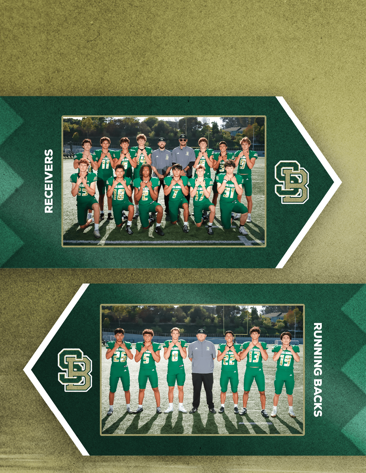 A group of people in green sports uniforms pose on a field with two adults in gray shirts, arranged in two separate team photos labeled receivers and running backs. Description generated by AI