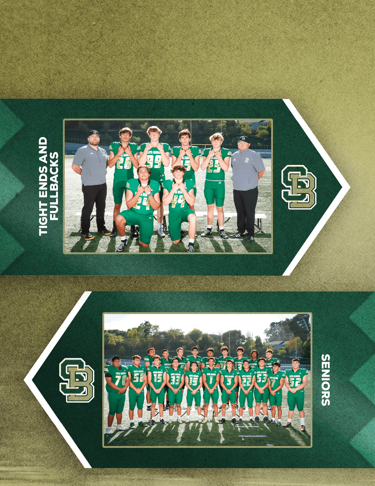 A group of people in green sports uniforms pose for two team photos labeled tight ends and fullbacks, and seniors, on a football field with coaches standing on either side. Description generated by AI