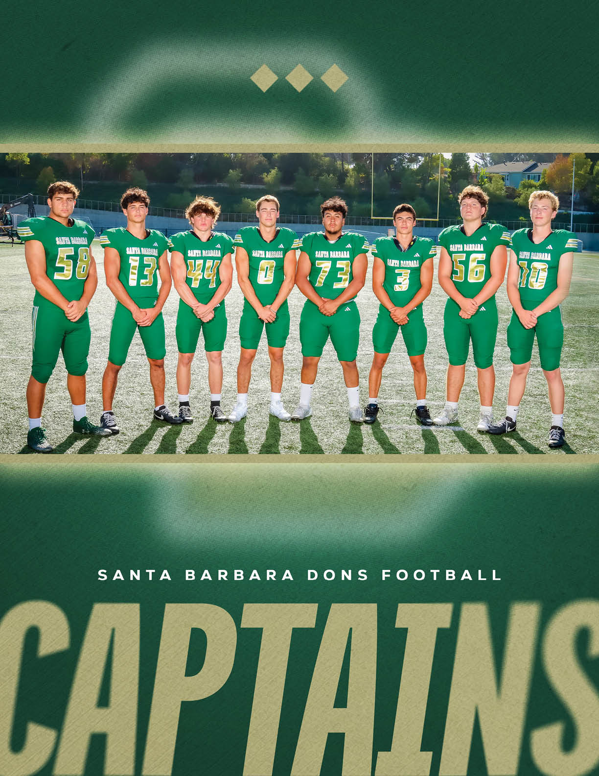 Eight people wearing green football uniforms stand side by side on a football field with sunlight casting shadows behind them, above large text that reads “Santa Barbara Dons Football Captains." Description generated by AI