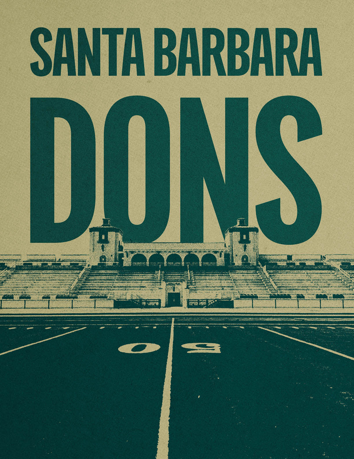 A vintage-style graphic showing a football field with the words Santa Barbara Dons in large bold letters above a stadium. Description generated by AI