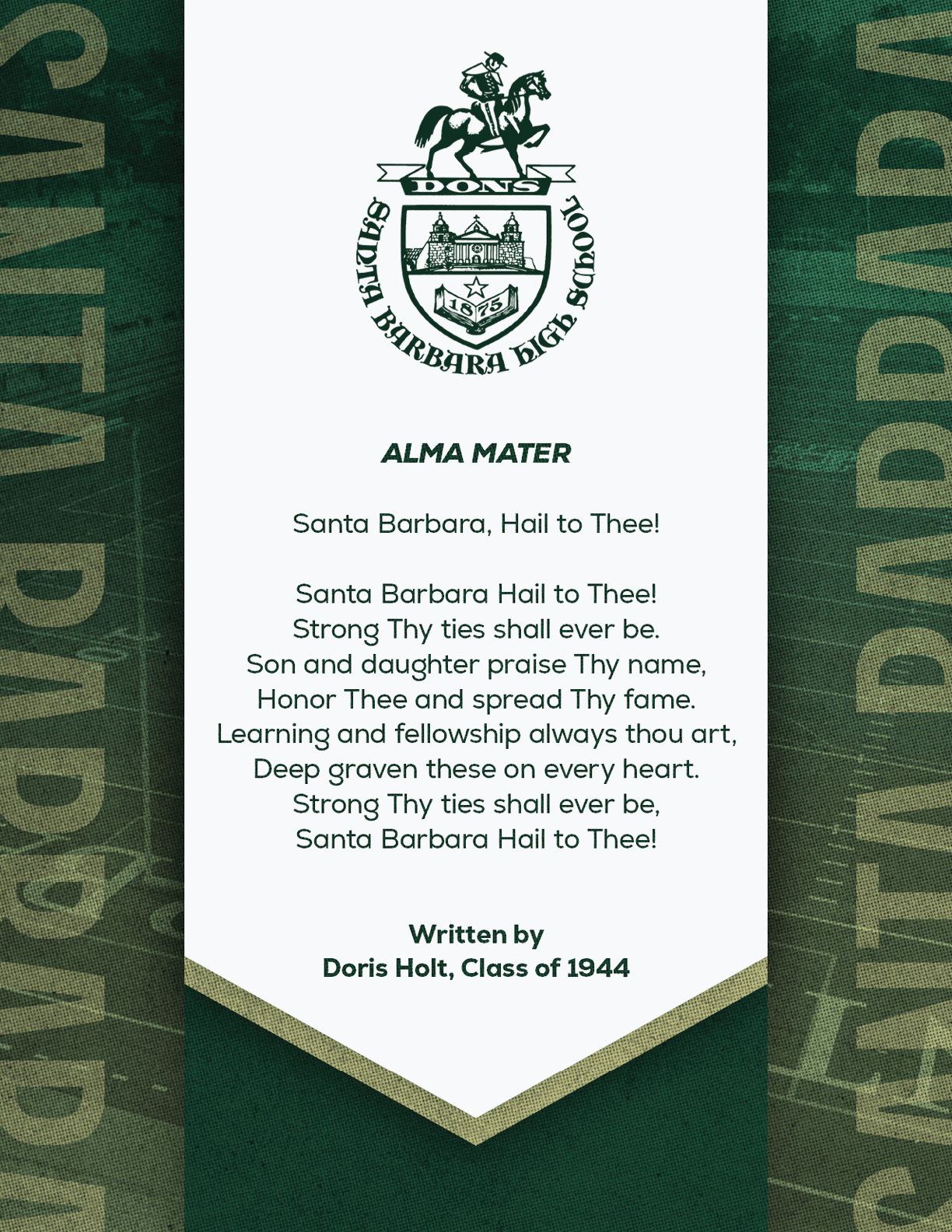 The image features the Santa Barbara High School crest above the alma mater poem written by Doris Holt from the Class of 1944, set on a white banner with green and gold borders and a green background with the words “Santa Barbara Vikings" partially visible. Description generated by AI