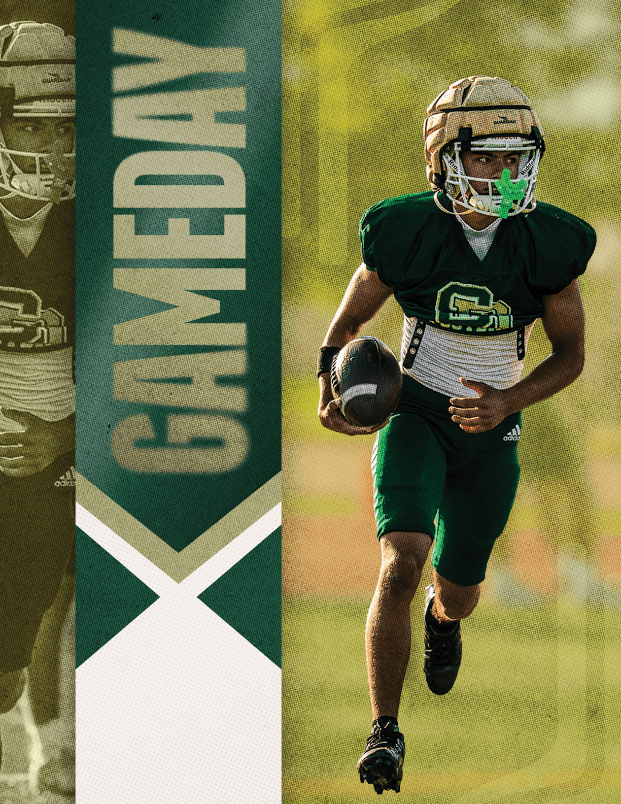 A person in green and gold football gear is running with a football on a field next to a vertical banner that says GAMEDAY. Description generated by AI