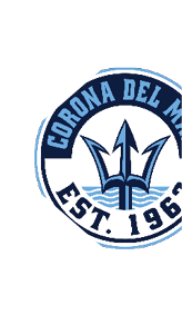 A stylized trident rising from waves with the text “Corona Del Mar" arching above and the year "1962" curved below in blue tones. Description generated by AI
