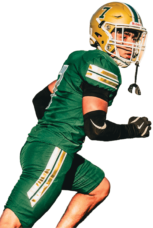 A person wearing a green football uniform and gold helmet is running in an athletic pose. Description generated by AI