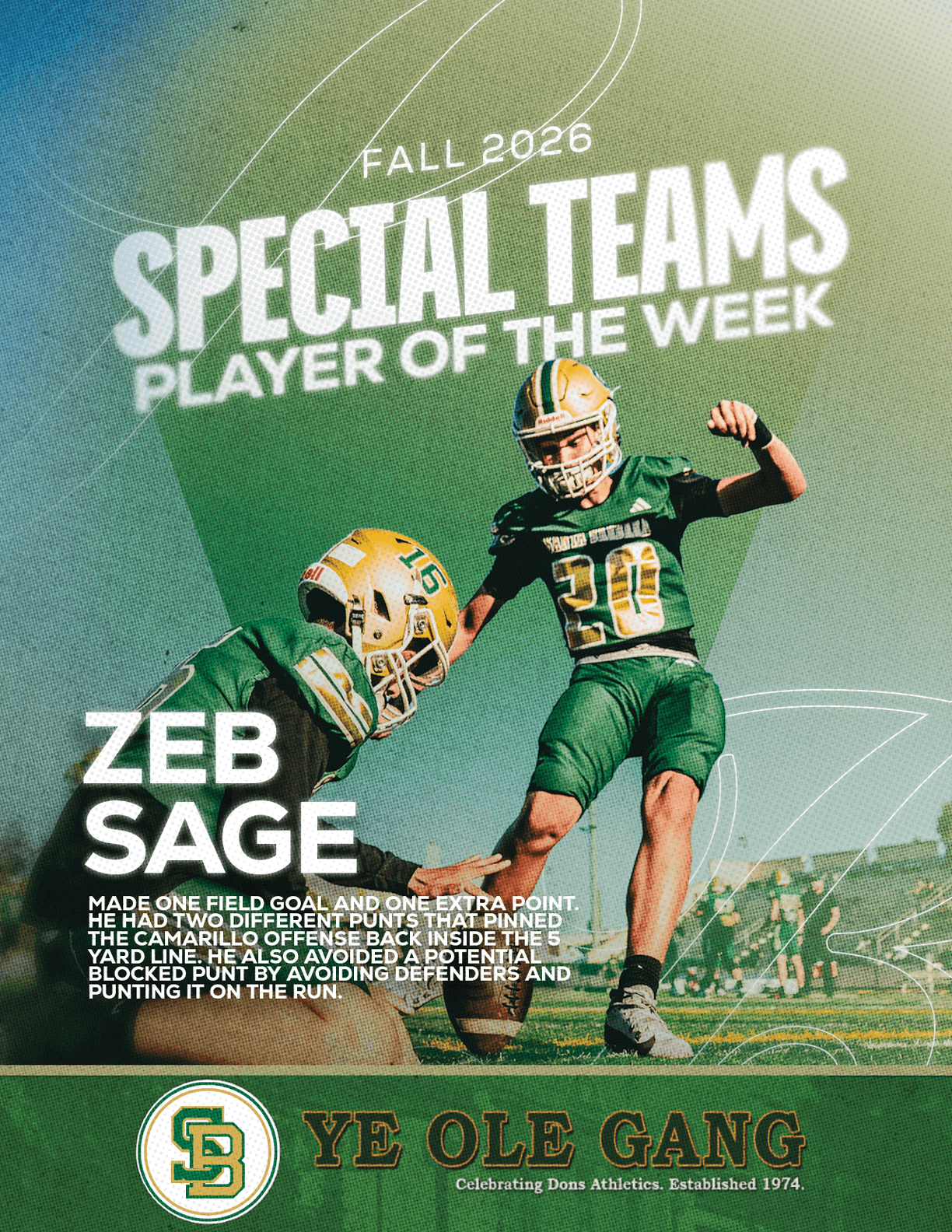 Two athletes in green and gold football uniforms celebrate on a field with text highlighting a special teams player of the week award for Fall 2026. Description generated by AI