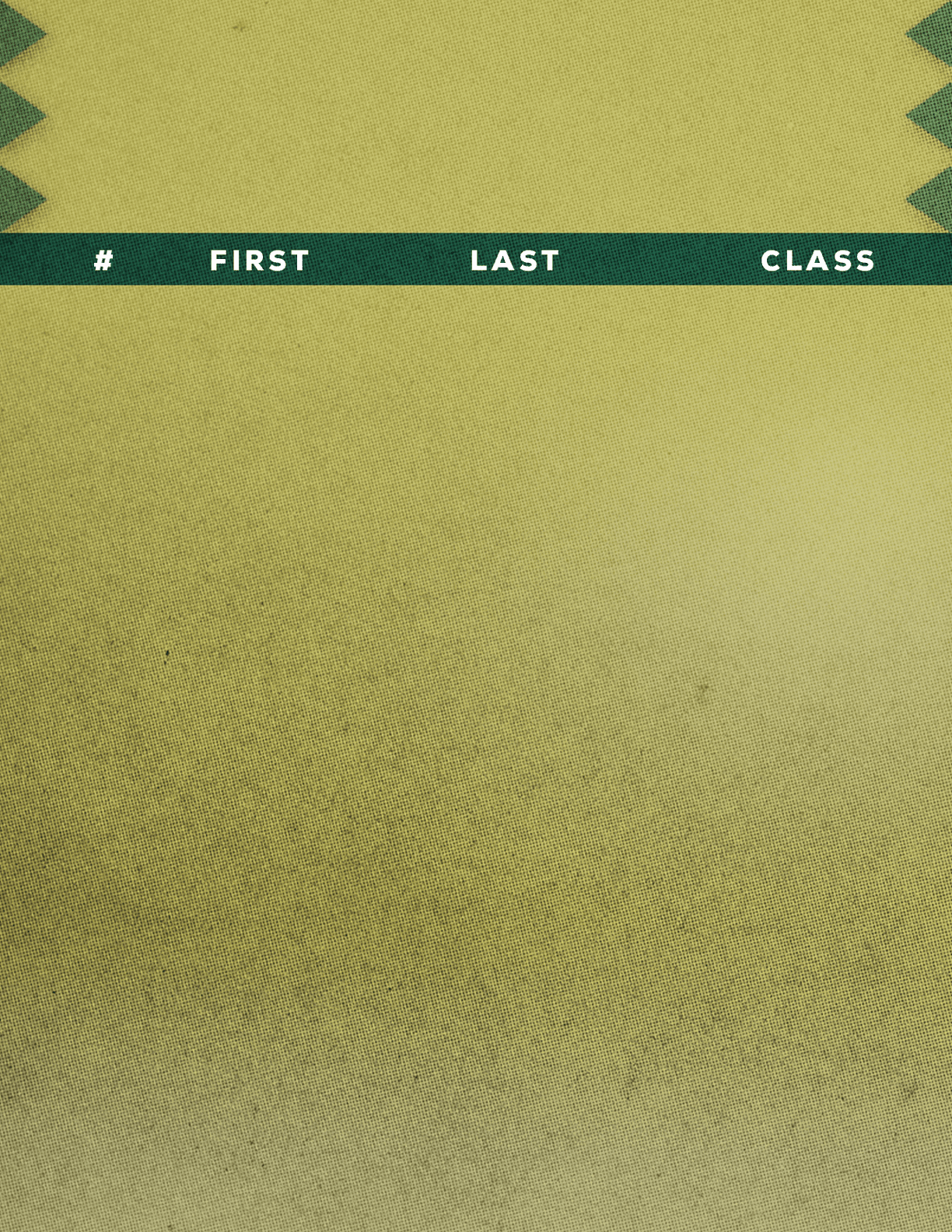 A green horizontal bar with white text reading “NO FIRST LAST CLASS" is displayed on a textured yellow-green background with a zigzag pattern at the top edges. Description generated by AI