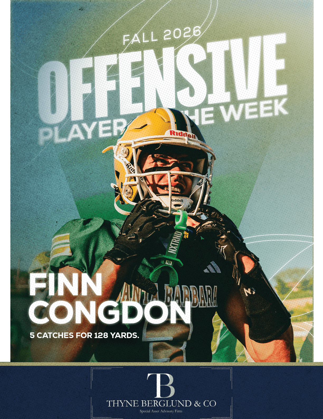 An adult football player wearing a green and yellow uniform and helmet is adjusting their gloves with text highlighting them as the Fall 2023 Offensive Player of the Week for 5 catches and 128 yards. Description generated by AI