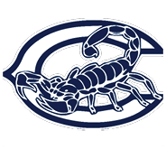 A stylized dark blue scorpion is positioned inside a large, curved letter C with a white background. Description generated by AI