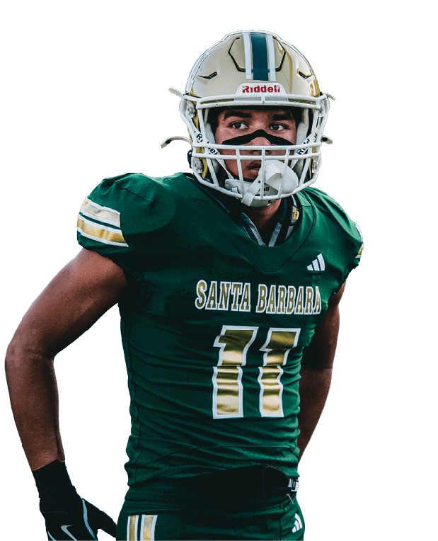 A person wearing a dark green football jersey with gold and white stripes on the sleeve and the text “SANTA B" along with the number 74 on the front. Description generated by AI