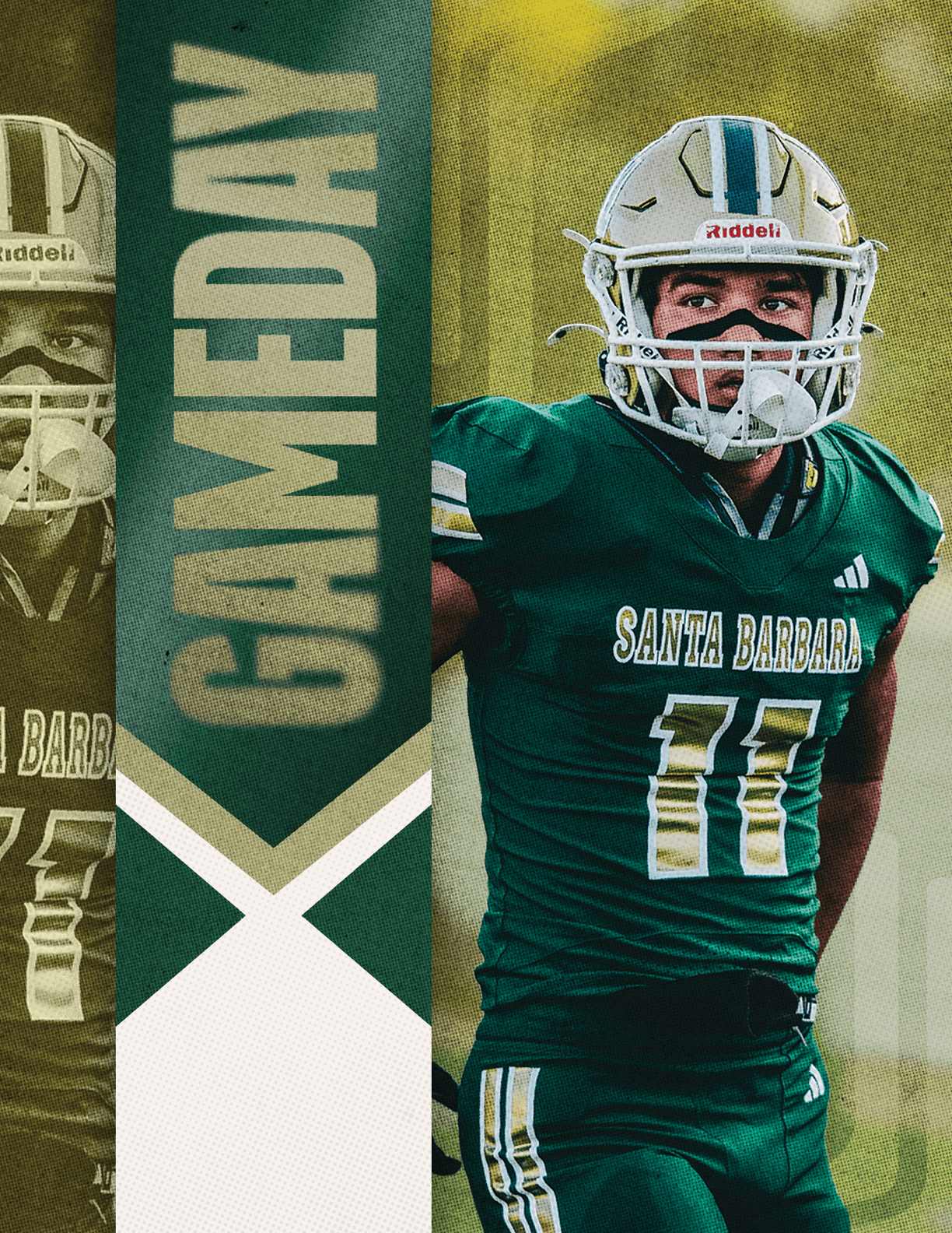 A person in a green football uniform with the number 11 and a white helmet stands next to a vertical banner that reads GAMEDAY and SANTA BARBARA. Description generated by AI