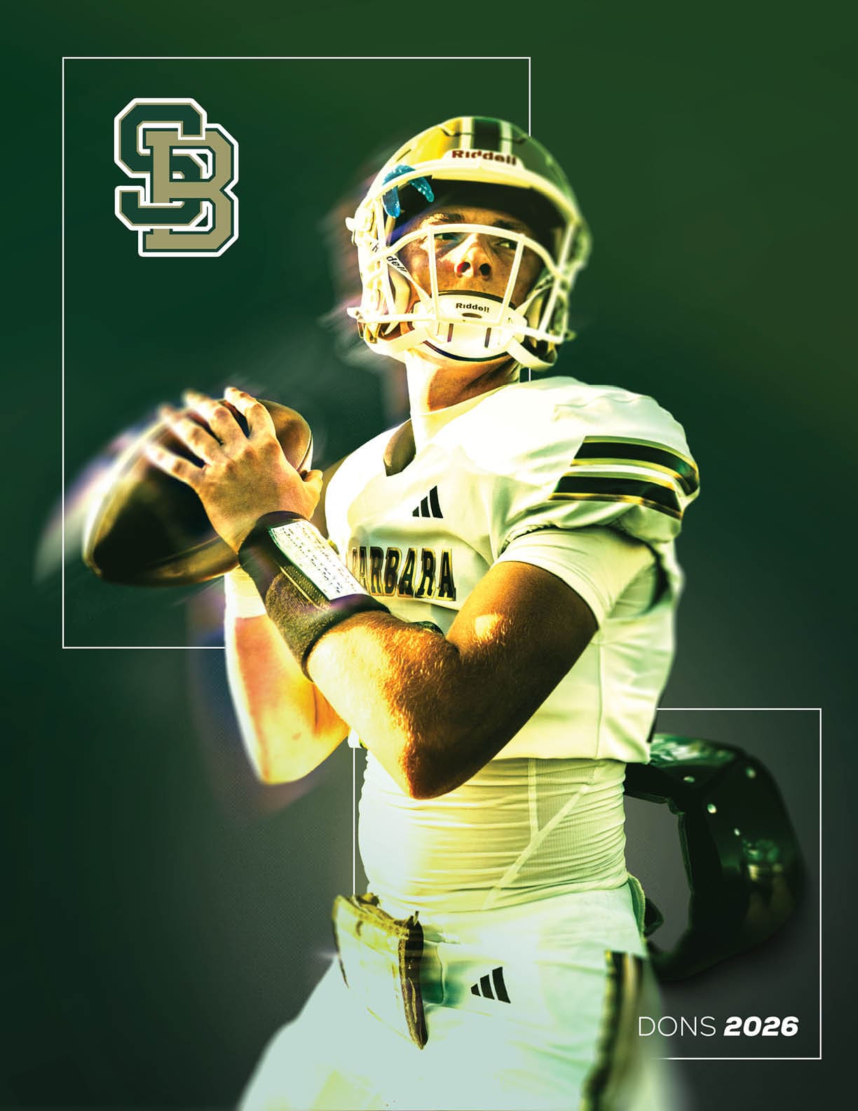 A person in a white football uniform and helmet is preparing to throw a football with a focused expression against a dark green background with stylized text and logos. Description generated by AI