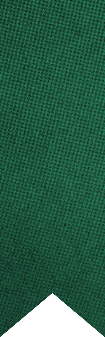 A green textured fabric banner with a pointed bottom edge. Description generated by AI