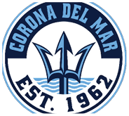 A circular logo with a trident in the center above stylized waves and the text “Corona Del Mar" curved along the top edge. Description generated by AI