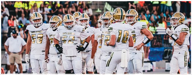 A group of people wearing white football uniforms are standing together on a football field with a crowd in the background. Description generated by AI