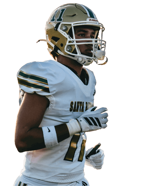 A person wearing a white football uniform with gloves is running. Description generated by AI