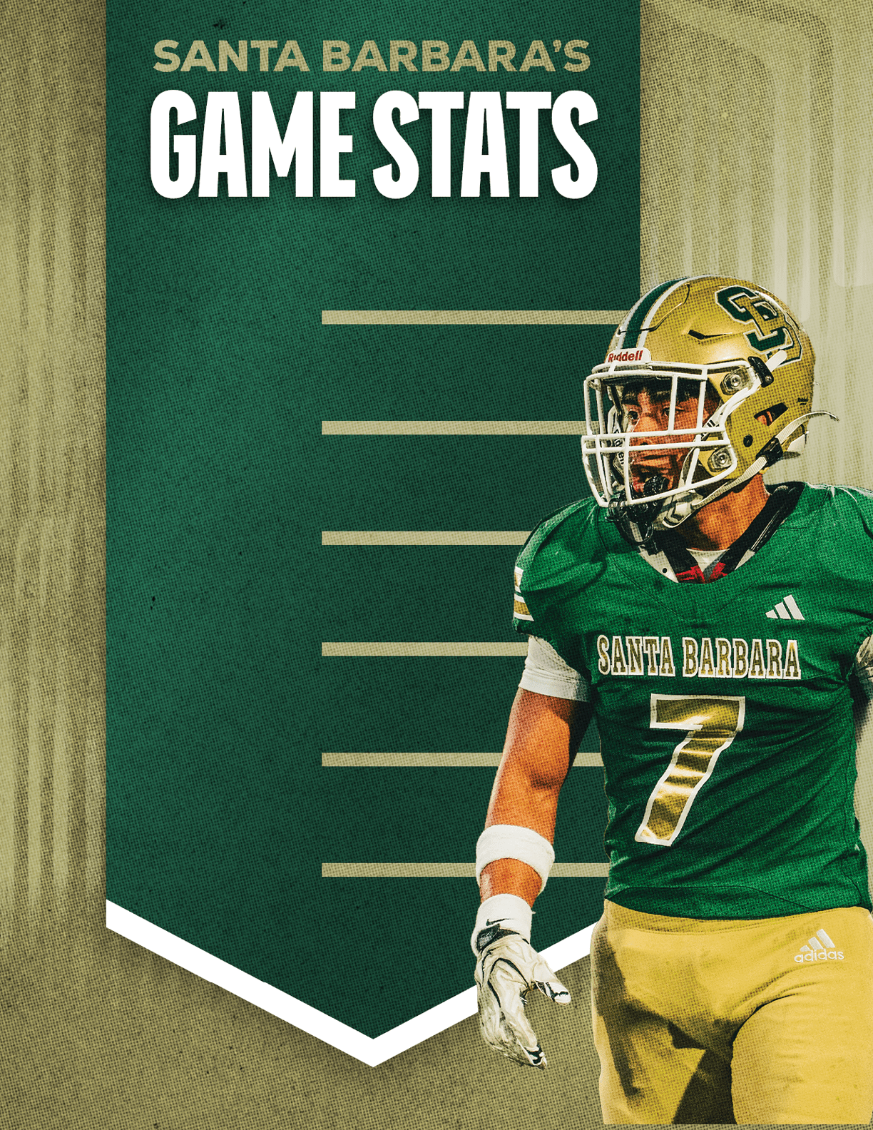 A person in a green and gold football uniform with the number seven stands next to a green banner displaying the text Santa Barbara's Game Stats. Description generated by AI